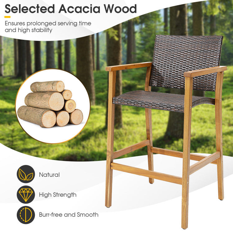 Set of 2 PE Wicker Patio Bar Chairs Bar Stools with Acacia Wood Armrests