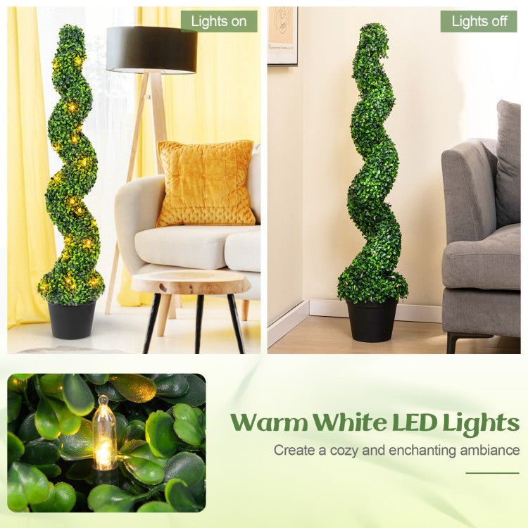 Set of 2 Pre-Lit Artificial Boxwood Spiral Topiary Tree with 100 LED Lights and 8 Lighting Modes