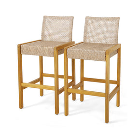 Hikidspace Set of 2 Rattan Patio Wood Barstools Dining Chairs with Backrest for Indoor or Outdoor