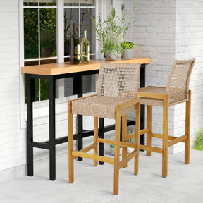 Hikidspace Set of 2 Rattan Patio Wood Barstools Dining Chairs with Backrest for Indoor or Outdoor