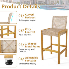 Hikidspace Set of 2 Rattan Patio Wood Barstools Dining Chairs with Backrest for Indoor or Outdoor