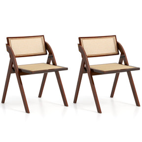 Set of 2 Rubber Wood Foldable Dining Chairs with Woven Rattan Backrest