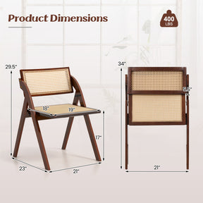 Set of 2 Rubber Wood Foldable Dining Chairs with Woven Rattan Backrest