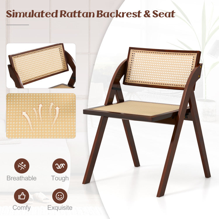 Set of 2 Rubber Wood Foldable Dining Chairs with Woven Rattan Backrest