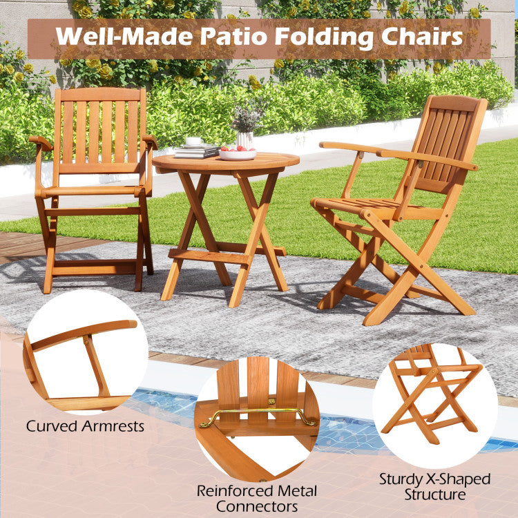 Set of 2 Wood Folding Outdoor Patio Chair with Armrests and Slatted Seat