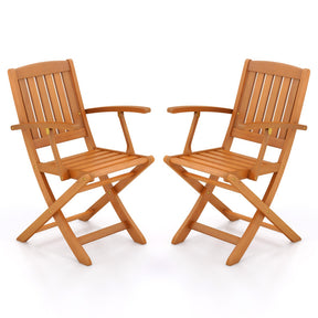 Set of 2 Wood Folding Outdoor Patio Chair with Armrests and Slatted Seat