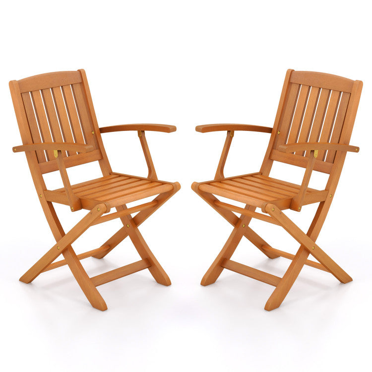 Set of 2 Wood Folding Outdoor Patio Chair with Armrests and Slatted Seat