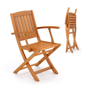 Set of 2 Wood Folding Outdoor Patio Chair with Armrests and Slatted Seat