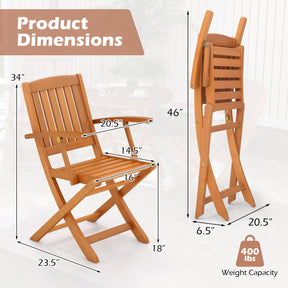 Set of 2 Wood Folding Outdoor Patio Chair with Armrests and Slatted Seat