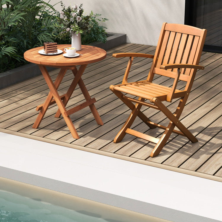 Set of 2 Wood Folding Outdoor Patio Chair with Armrests and Slatted Seat