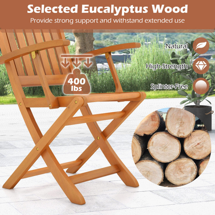 Set of 2 Wood Folding Outdoor Patio Chair with Armrests and Slatted Seat