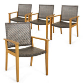 Set of 4 Outdoor Rattan Chair with Sturdy Acacia Wood Frame