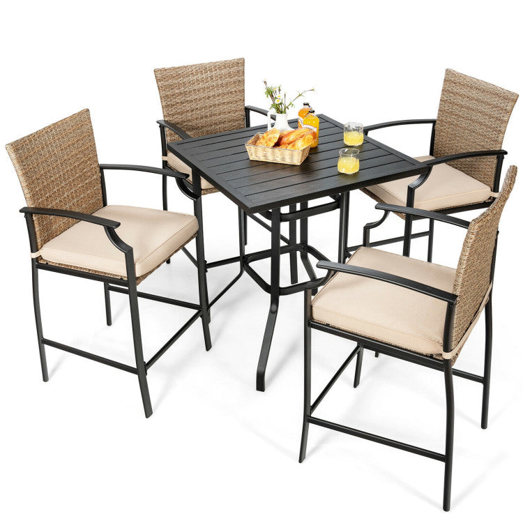 Set of 4 Patio Rattan Bar Stools with Soft Cushions for Poolside, Backyard, or Garden