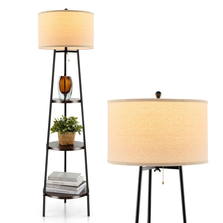 Shelf Floor Lamp with Adjustable Storage Shelves and Linen Lampshade