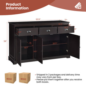 Sideboard Buffet Storage Cabinet with Adjustable Shelves and 3 Drawers