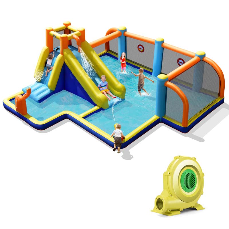 7-in-1 Soccer-Themed Inflatable Water Slide with 680W Blower, Giant Water Park with Water Soccer Splash Pool, Climbing Wall, Dual Water Cannon