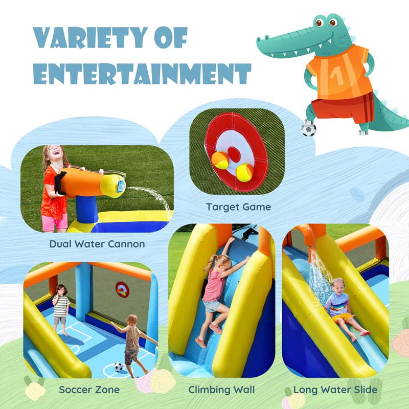 7-in-1 Soccer-Themed Inflatable Water Slide with 680W Blower, Giant Water Park with Water Soccer Splash Pool, Climbing Wall, Dual Water Cannon