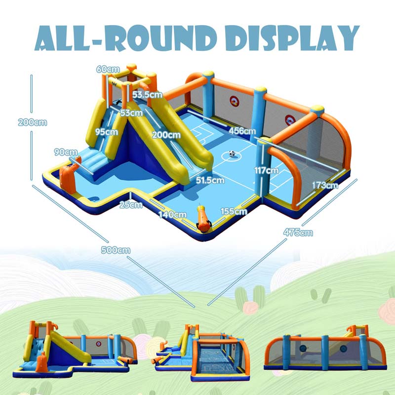 7-in-1 Soccer-Themed Inflatable Water Slide with 680W Blower, Giant Water Park with Water Soccer Splash Pool, Climbing Wall, Dual Water Cannon