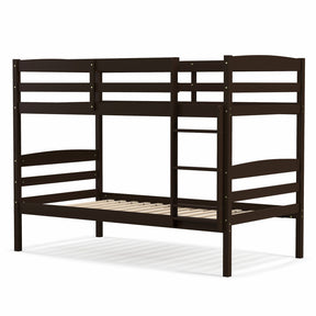 Solid Wood Convertible Twin Over Twin Bunk Bed Frame with High Guardrails and Integrated Ladder