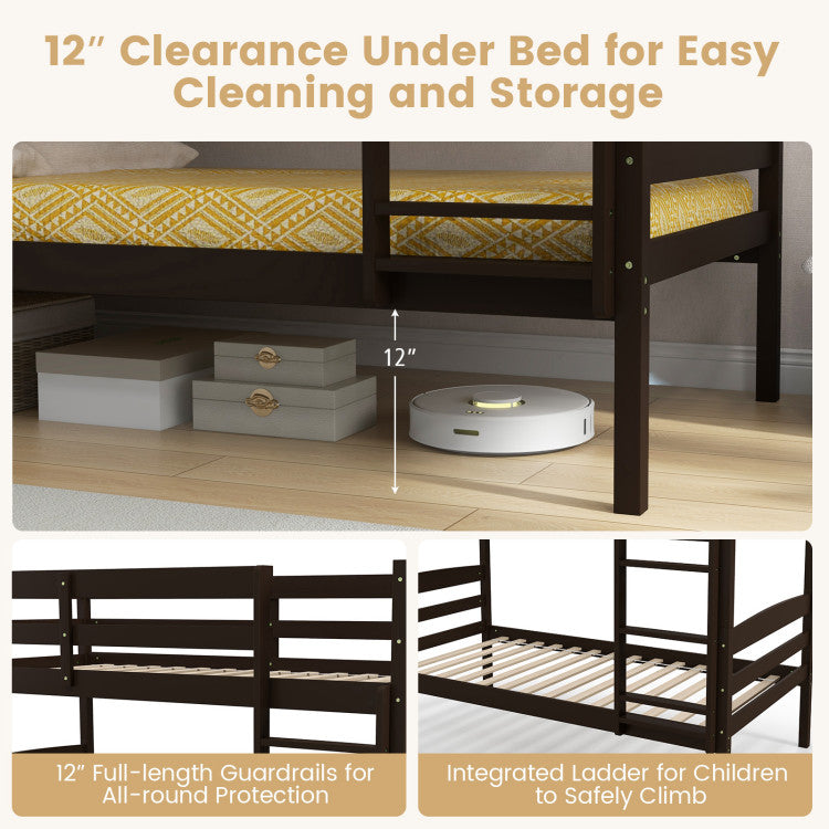 Solid Wood Convertible Twin Over Twin Bunk Bed Frame with High Guardrails and Integrated Ladder