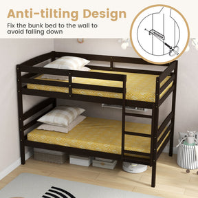 Solid Wood Convertible Twin Over Twin Bunk Bed Frame with High Guardrails and Integrated Ladder