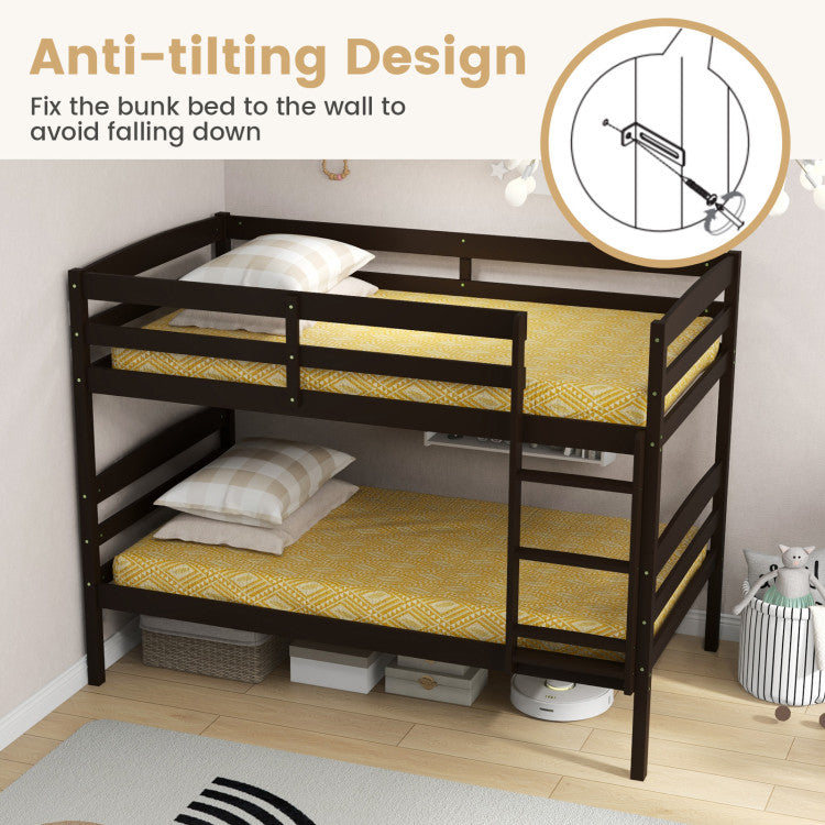 Solid Wood Convertible Twin Over Twin Bunk Bed Frame with High Guardrails and Integrated Ladder