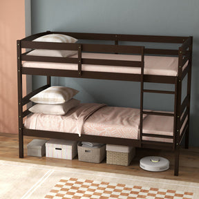 Solid Wood Convertible Twin Over Twin Bunk Bed Frame with High Guardrails and Integrated Ladder