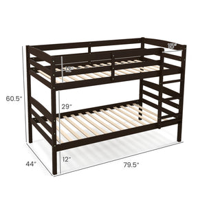 Solid Wood Convertible Twin Over Twin Bunk Bed Frame with High Guardrails and Integrated Ladder