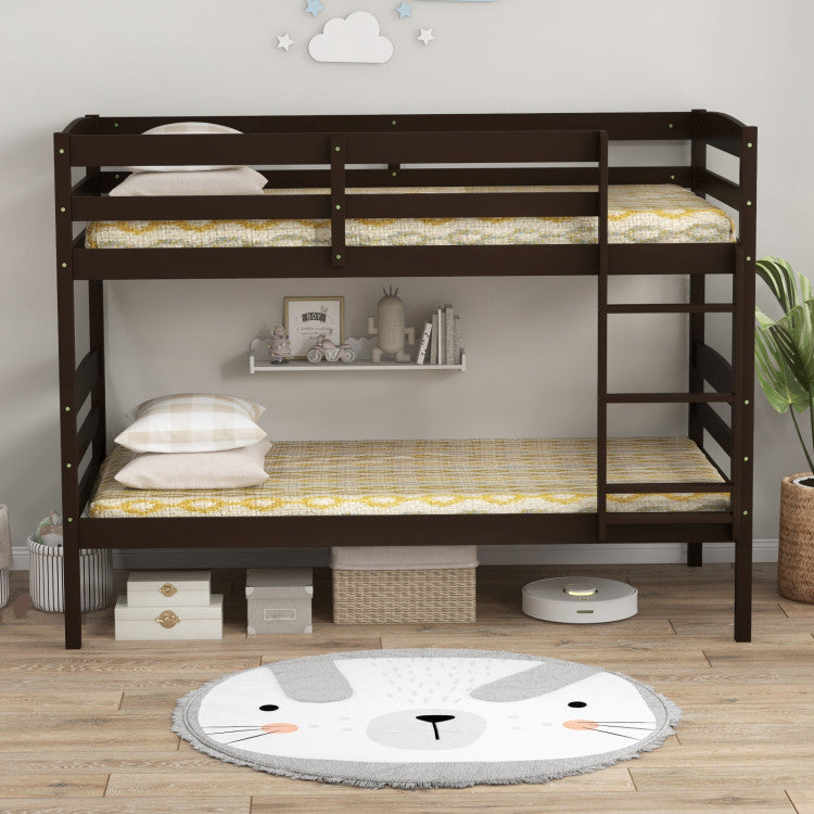 Solid Wood Convertible Twin Over Twin Bunk Bed Frame with High Guardrails and Integrated Ladder