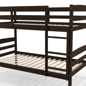 Solid Wood Convertible Twin Over Twin Bunk Bed Frame with High Guardrails and Integrated Ladder