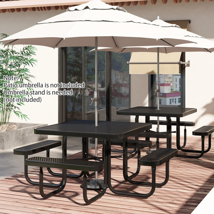 Square Picnic Table and Bench for 8 People with Seats and Umbrella Hole for Outdoor Patio