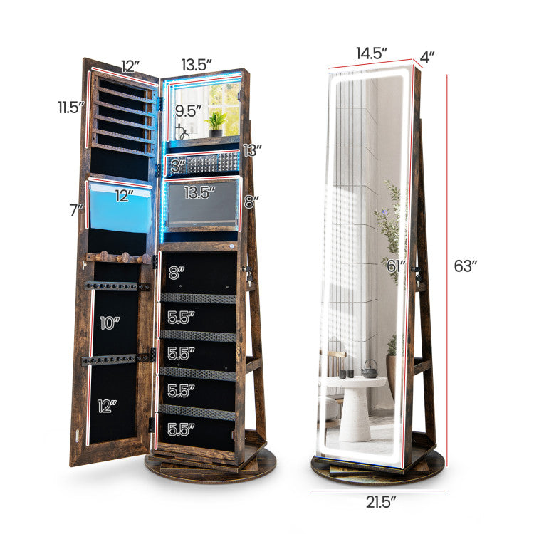 Standing Folding Jewelry Cabinet with Adjustable LED Lights and 360° Rotating Base