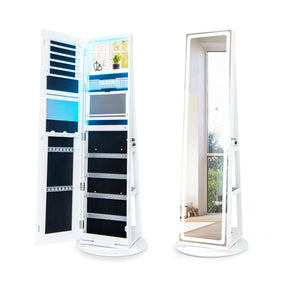 Standing Folding Jewelry Cabinet with Adjustable LED Lights and 360° Rotating Base