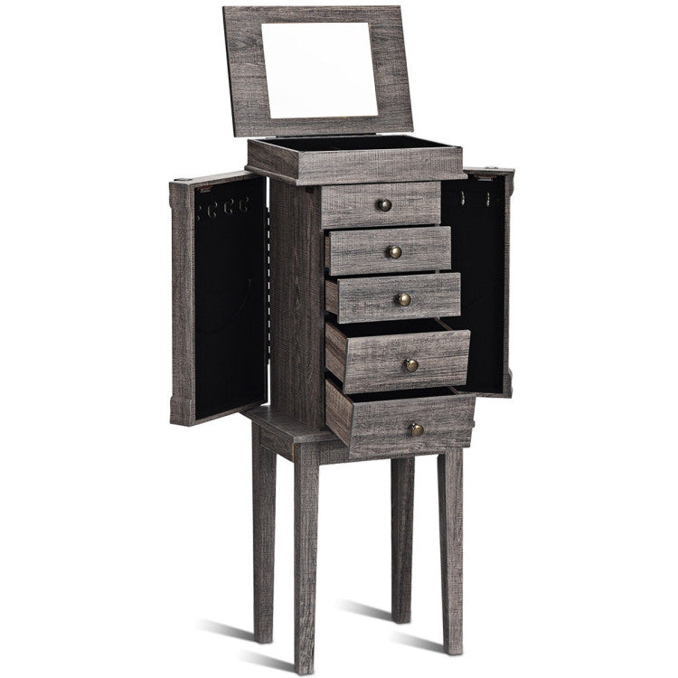 Standing Jewelry Cabinet with 5 Drawers and Top Flip Mirror