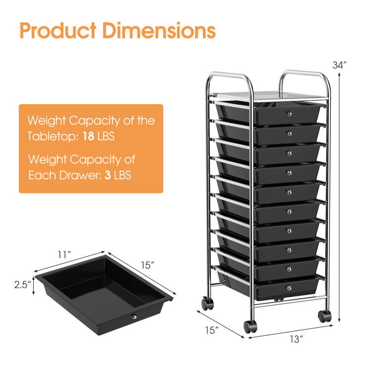 Hikidspace Storage Cart Organizer with 10 Compartments and Rolling Casters