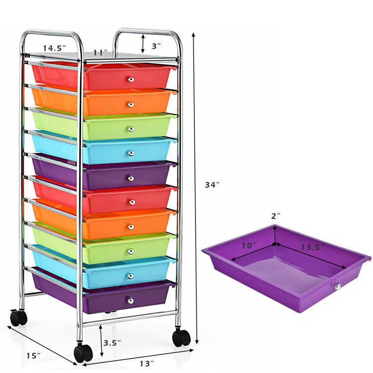 Hikidspace Storage Cart Organizer with 10 Compartments and Rolling Casters