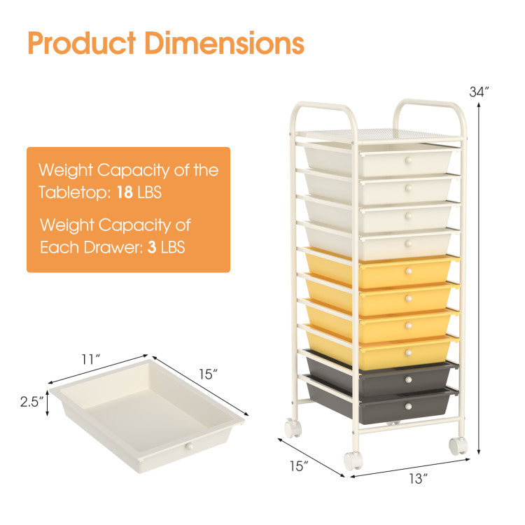 Hikidspace Storage Cart Organizer with 10 Compartments and Rolling Casters