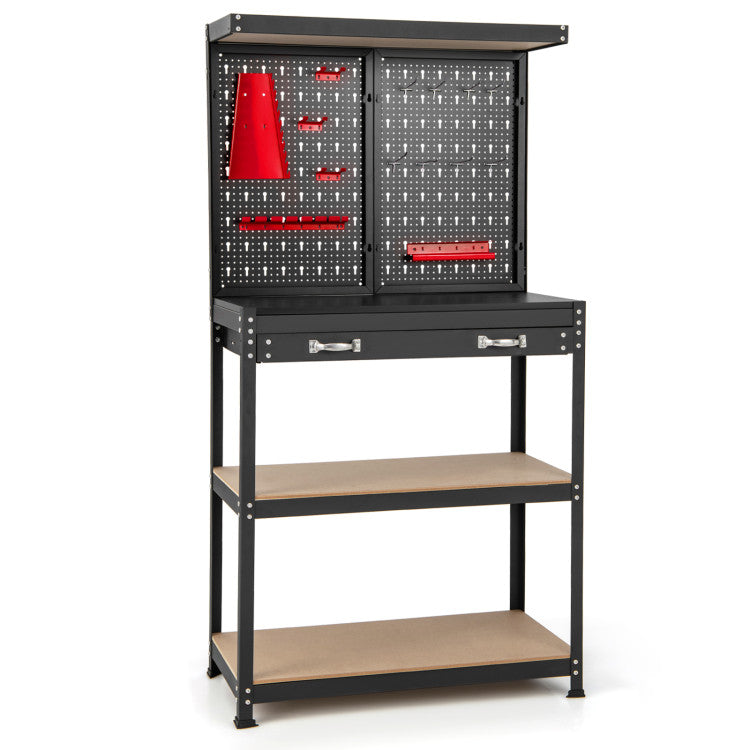 Tool Storage Cabinet Workbench with Pegboard with Hanging Accessories for Home Garage