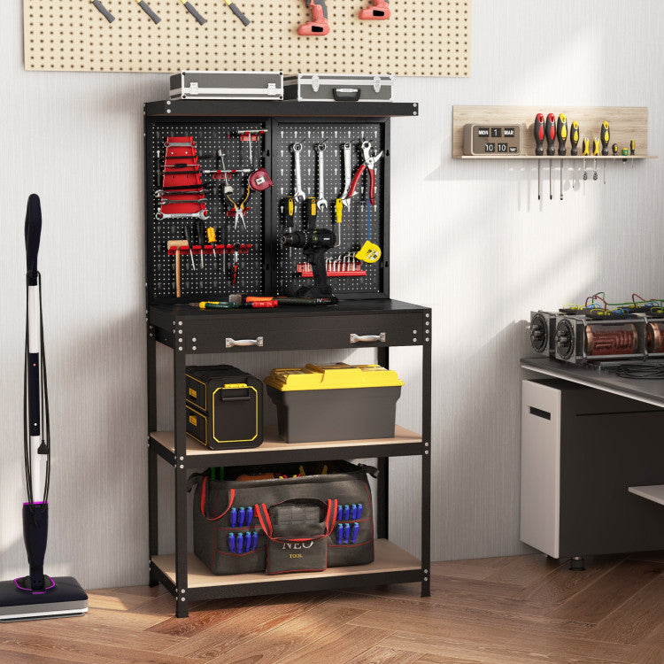 Tool Storage Cabinet Workbench with Pegboard with Hanging Accessories for Home Garage