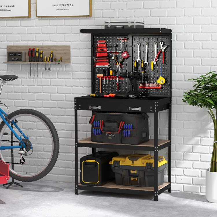 Tool Storage Cabinet Workbench with Pegboard with Hanging Accessories for Home Garage