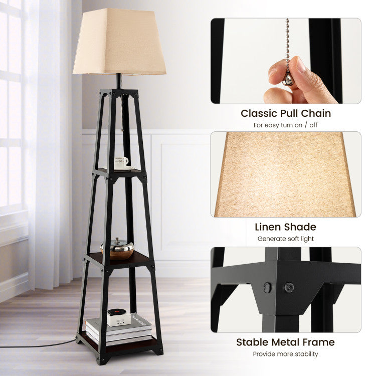 Trapezoidal Designed Floor Lamp with 3 Tiered Storage Shelves and 3 Light Modes