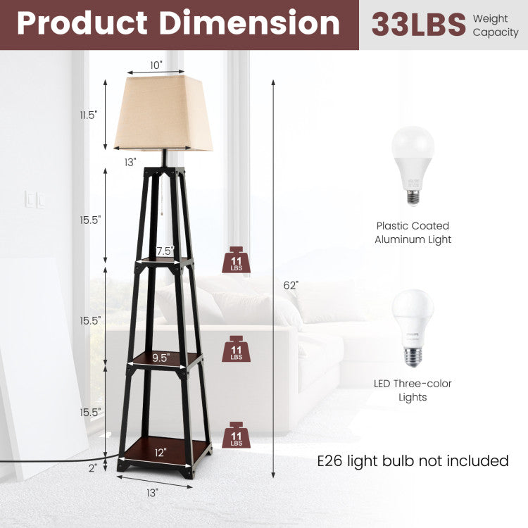 Trapezoidal Designed Floor Lamp with 3 Tiered Storage Shelves and 3 Light Modes