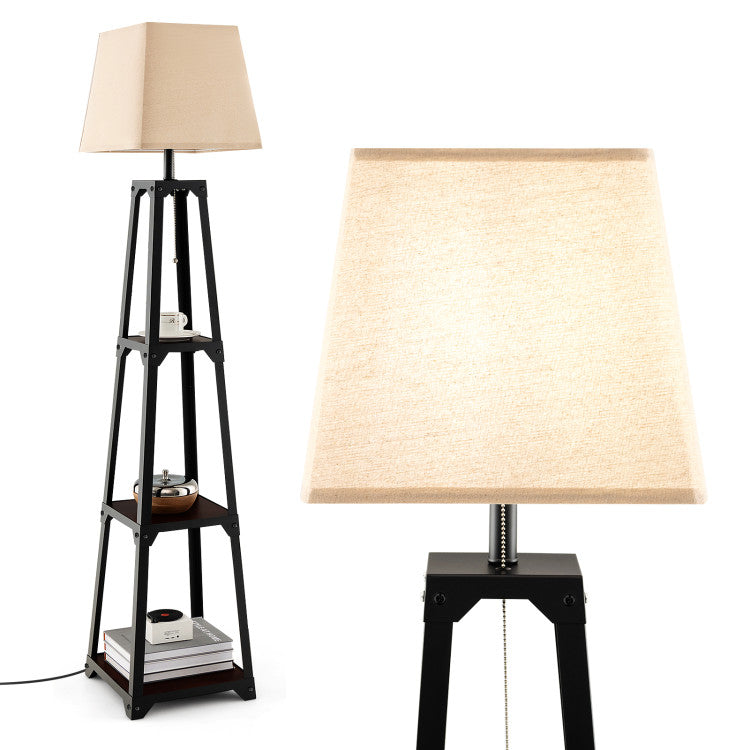 Trapezoidal Designed Floor Lamp with 3 Tiered Storage Shelves and 3 Light Modes