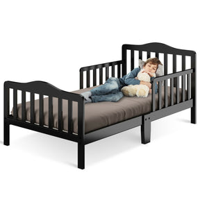 Wood Kids Toddler Bed Frame with Two Side Safety Guardrails for Rooms and Kindergarten