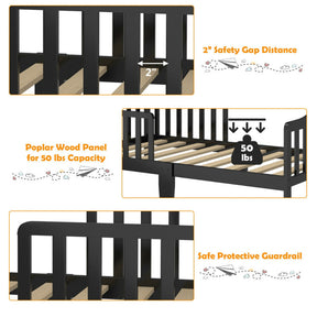 Wood Kids Toddler Bed Frame with Two Side Safety Guardrails for Rooms and Kindergarten