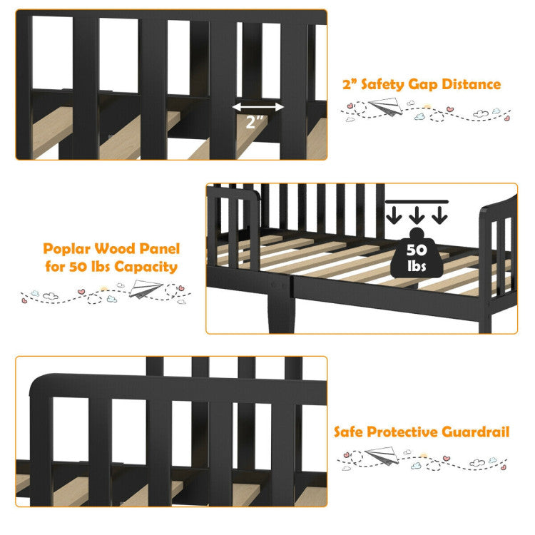 Wood Kids Toddler Bed Frame with Two Side Safety Guardrails for Rooms and Kindergarten