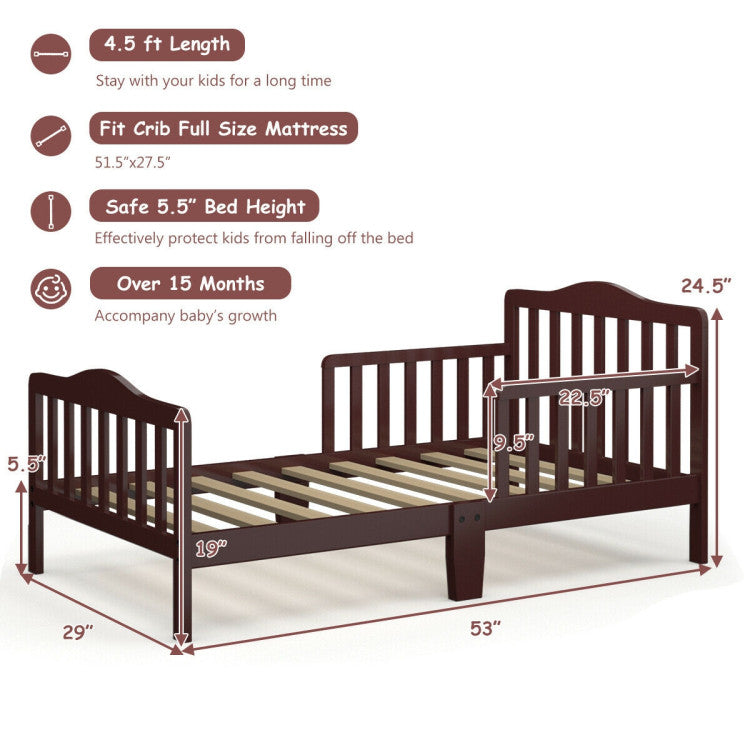 Wood Kids Toddler Bed Frame with Two Side Safety Guardrails for Rooms and Kindergarten