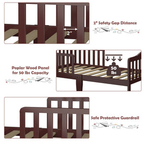 Wood Kids Toddler Bed Frame with Two Side Safety Guardrails for Rooms and Kindergarten