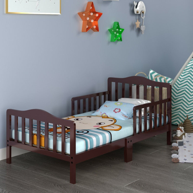 Wood Kids Toddler Bed Frame with Two Side Safety Guardrails for Rooms and Kindergarten