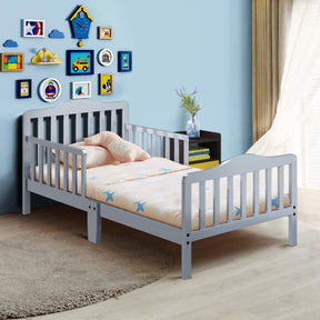 Wood Kids Toddler Bed Frame with Two Side Safety Guardrails for Rooms and Kindergarten